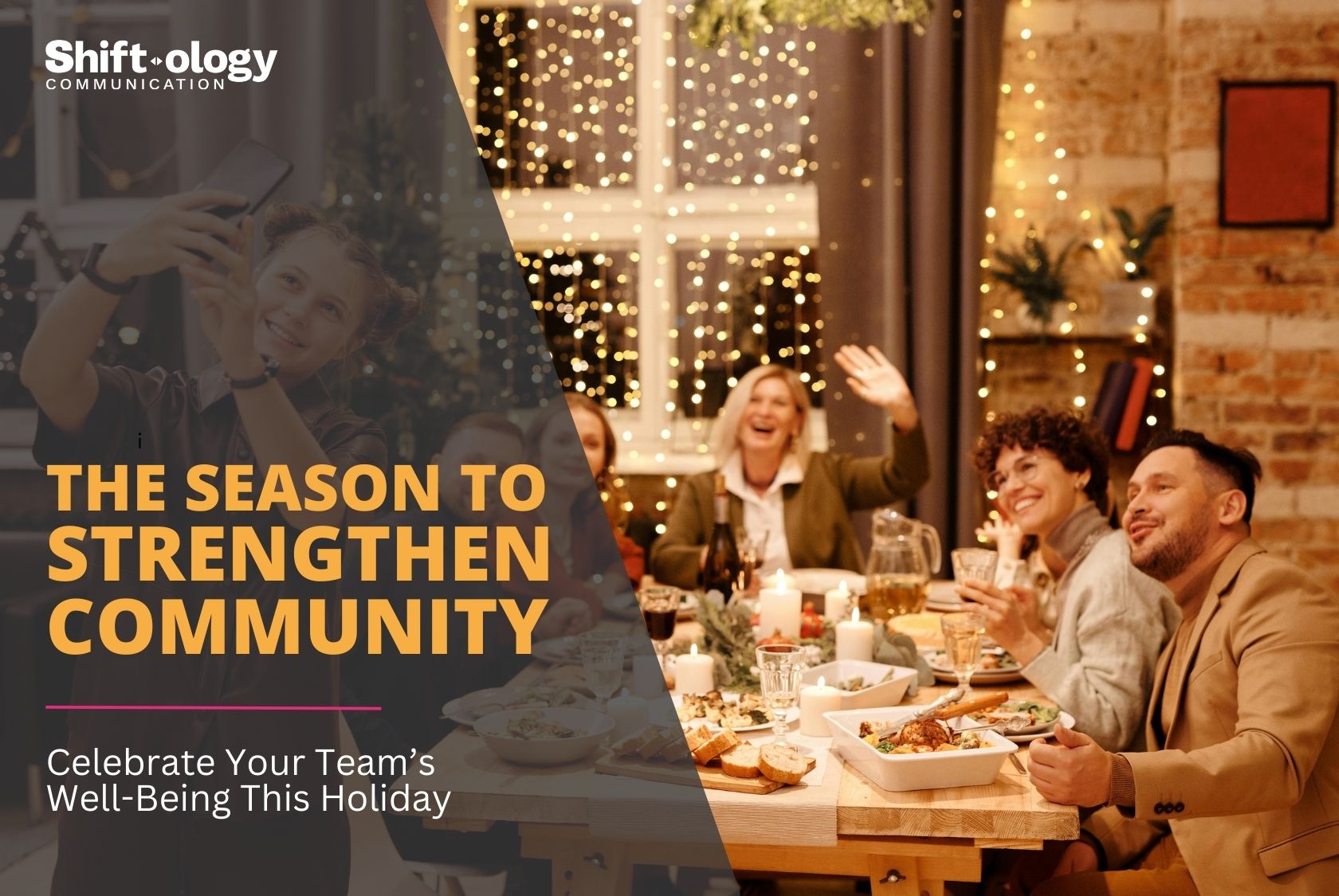 Strengthening Sense of Community, Celebrate Your Team’s Well-Being This Holiday, An image of a family enjoying dinner, the room is brightly lit with Christmas lights in the background.