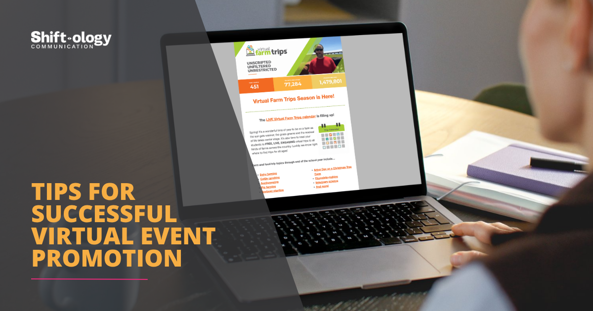 Laptop on desk with screen displaying a virtual event promotional email. Shift•ology Communication Tips for successful virtual event promotion.