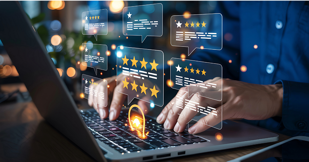 Male hands typing on laptop. Consumer reviews popping up. 5 stars