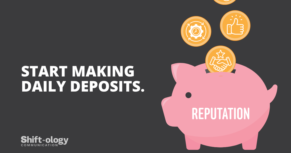 Pink piggy bank with coins. Make daily deposits to goodwill reputation bank. Shift•ology Communication
