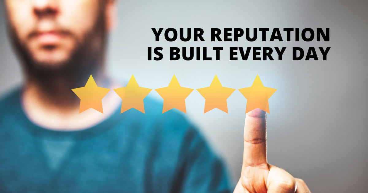 Reputation is built every day. Reputation management. 5 stars finger