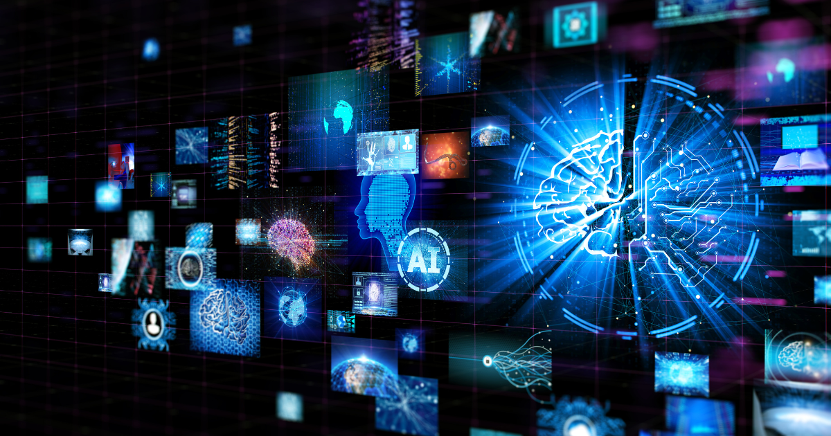 Digital screens of various artificial intelligence images, icons, brain, humans, etc.