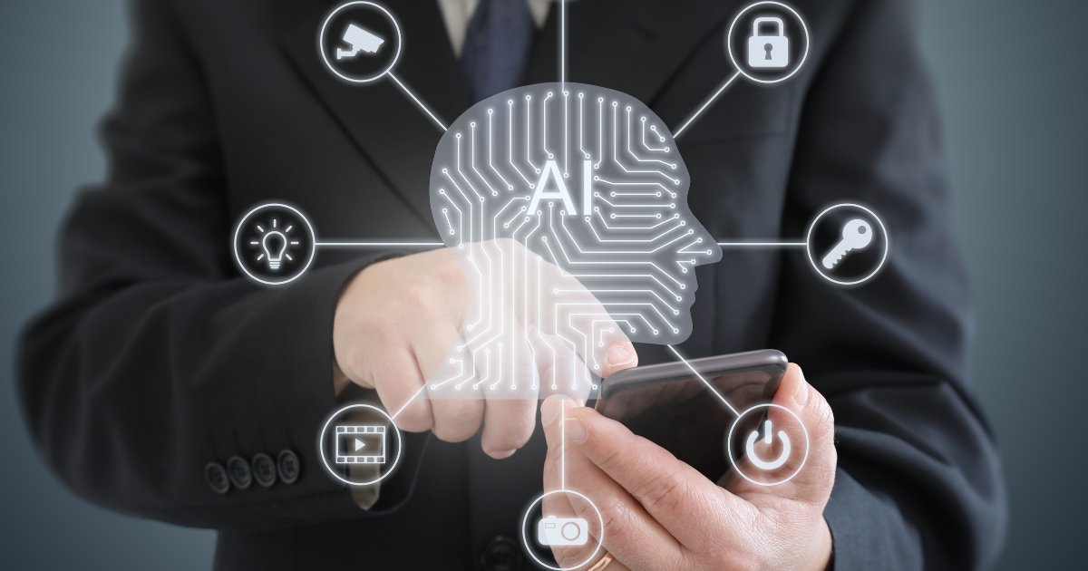 Torso and hands tapping a smartphone to open Artificial Intellegence (AI) apps. Human head showing light bulb, camera, security lock, key, power and media.
