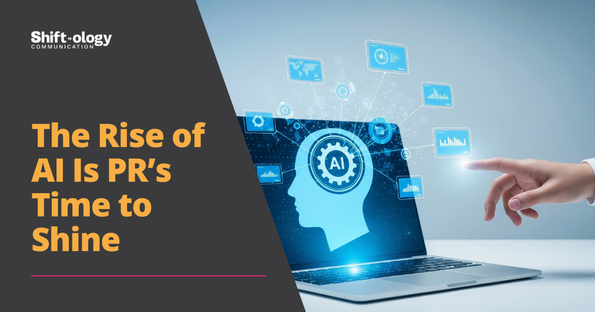 Finger point to laptop. Screen with human head and AI brain showing charts, graphs, maps and data. The rise of AI is PR's time to shine. Shift•ology Communciaiton