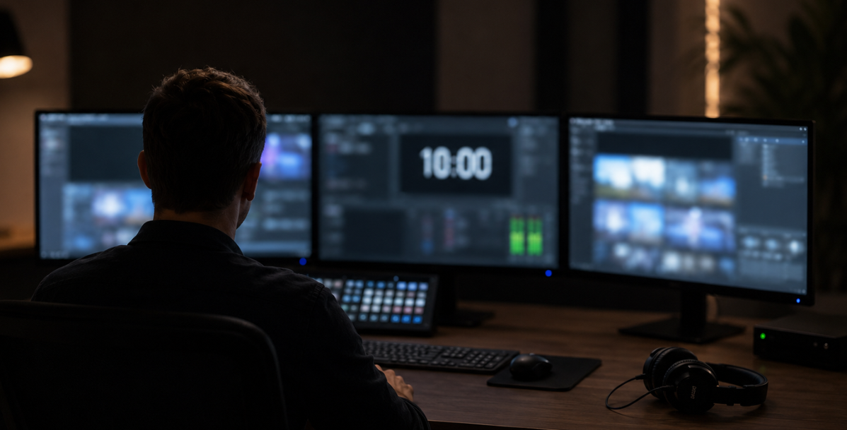 VFT_Silence Virtual Event producer at three monitors 10 minutes before going live. Dark, silent, calm.